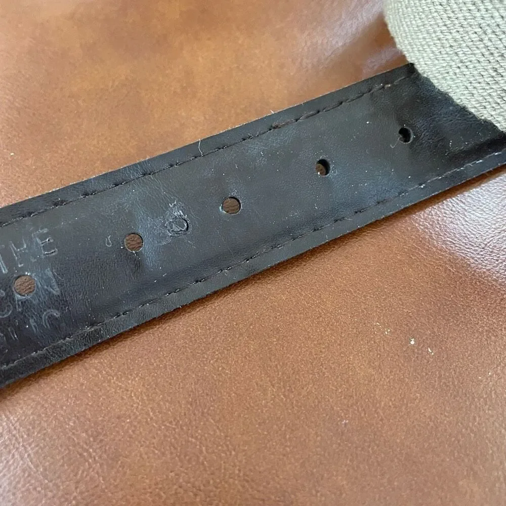 Vintage Khaki Tan Cotton Web Belt Dark Brown Faux Leather Gold Tone 36